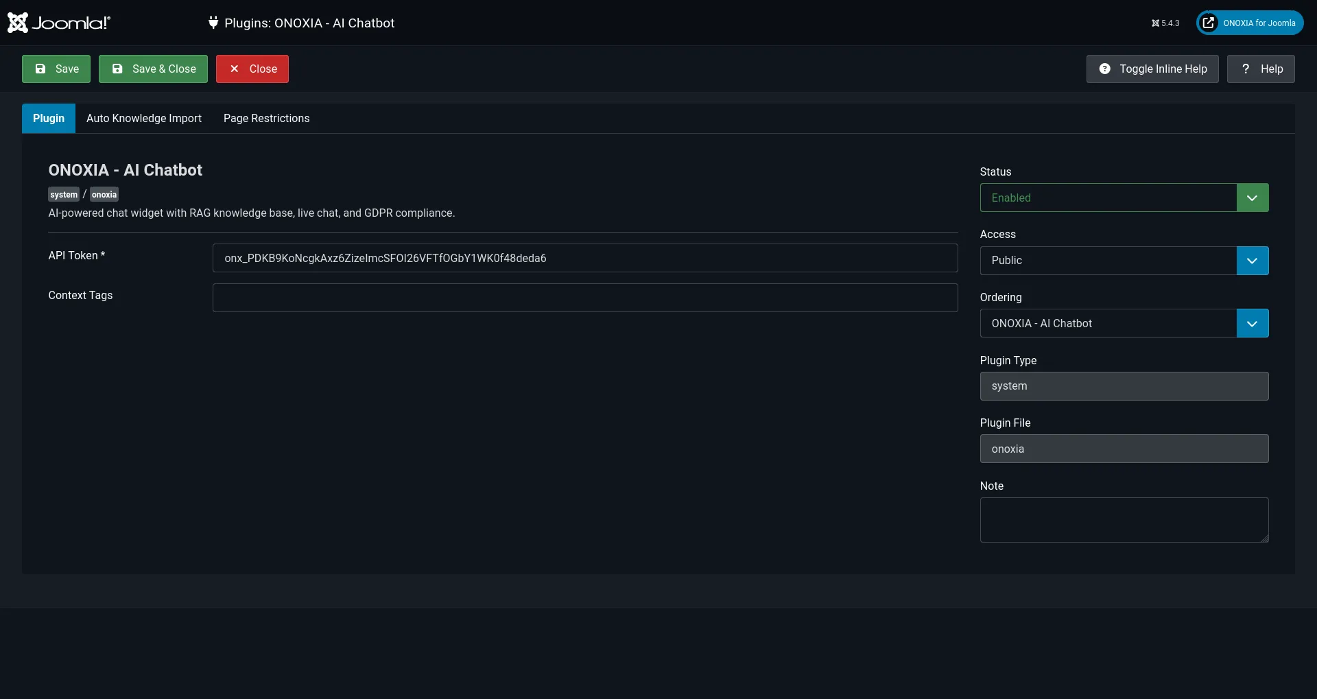 ONOXIA Plugin Settings