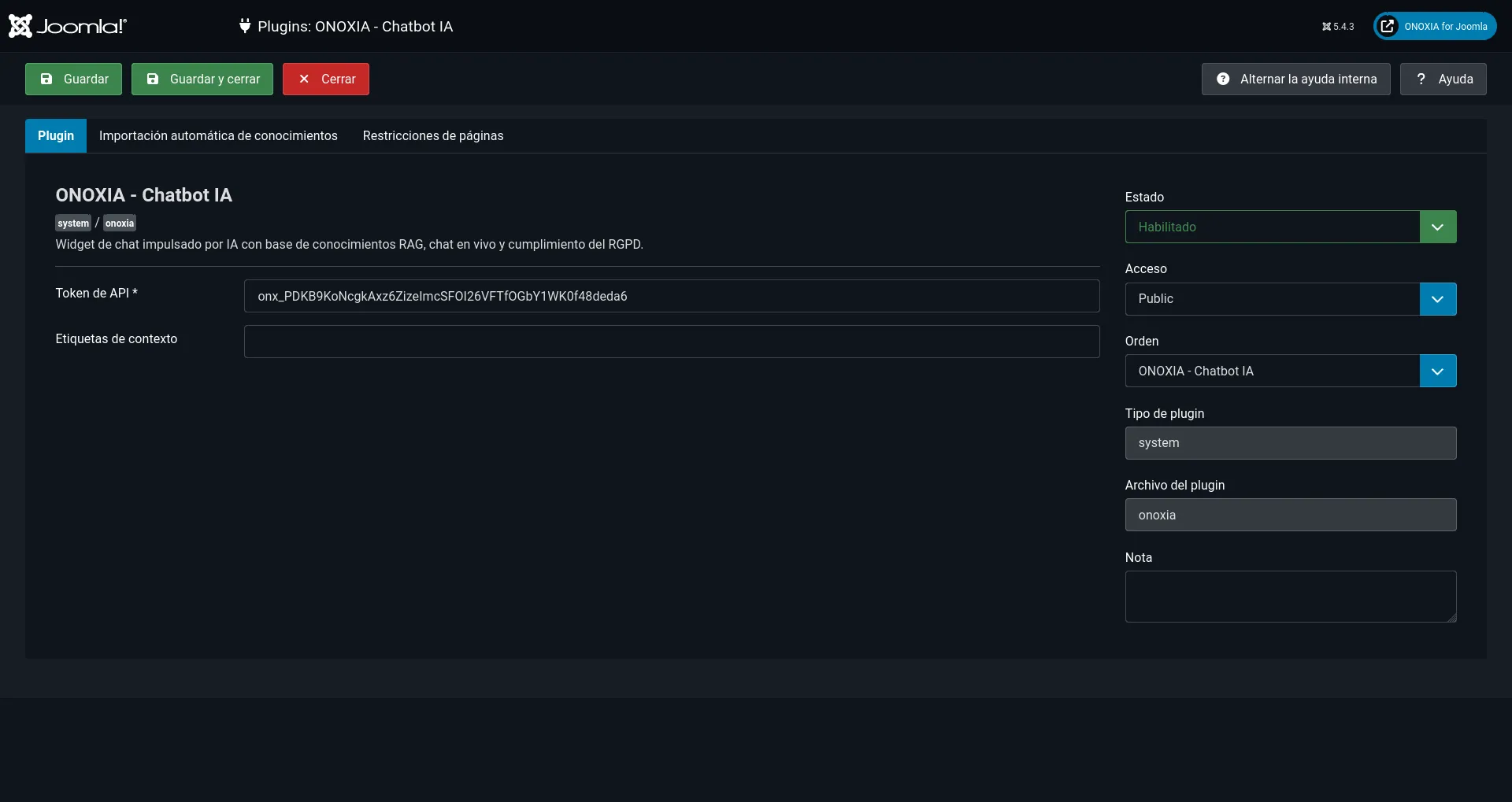 ONOXIA Plugin Settings