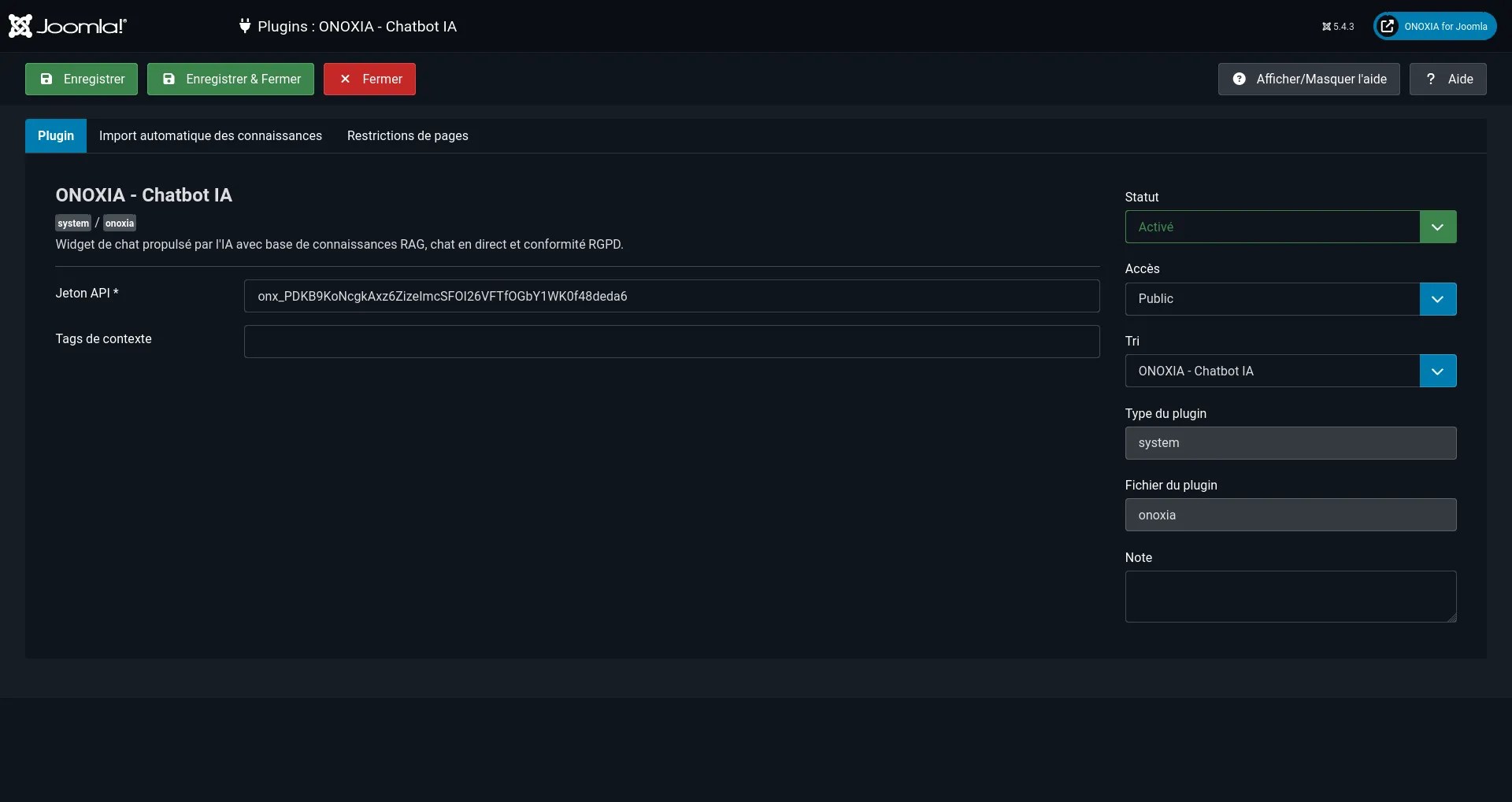 ONOXIA Plugin Settings