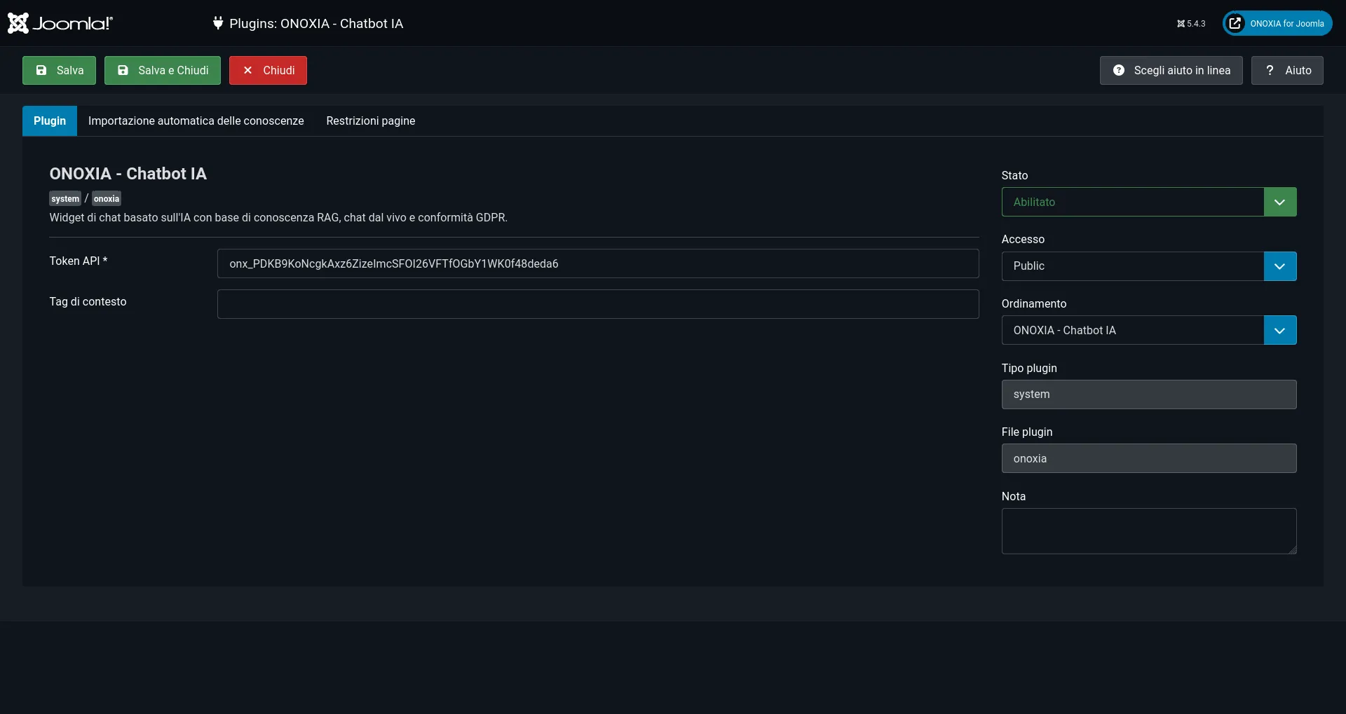 ONOXIA Plugin Settings