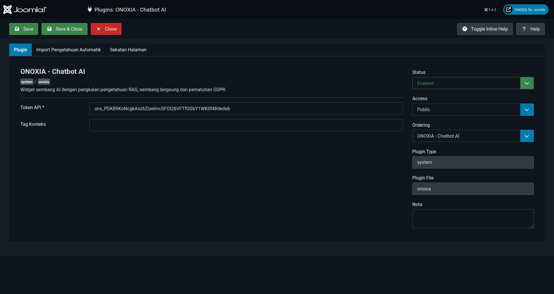 ONOXIA Plugin Settings