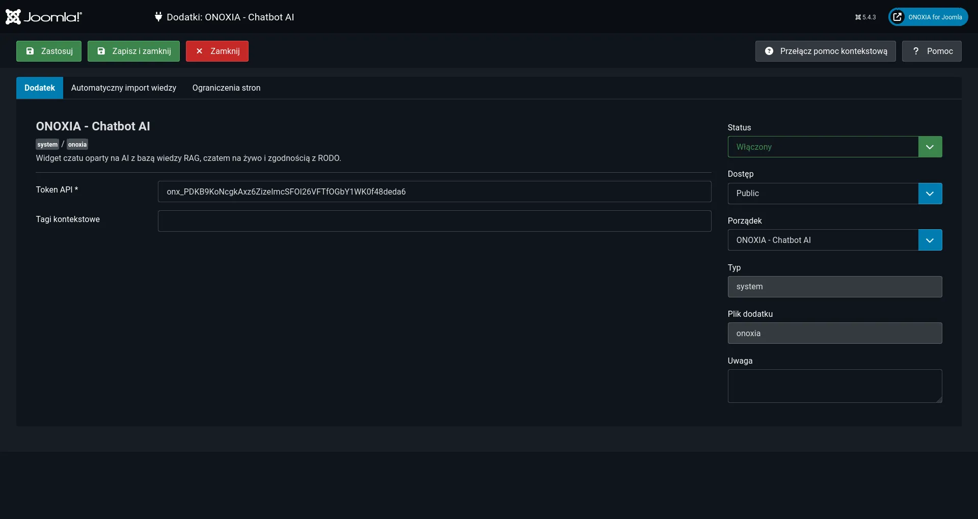 ONOXIA Plugin Settings